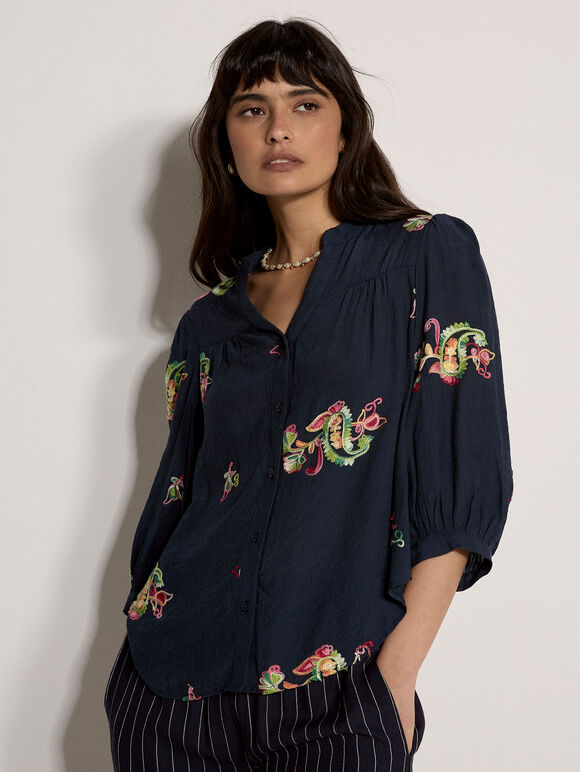 Floral Paisley Embroidered Blouse, Navy, large
