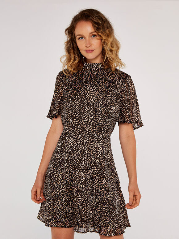 Dot High Neck Dress, Black, large