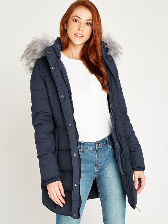 Navy Faux Fur Hood Puffer Coat, Navy, large