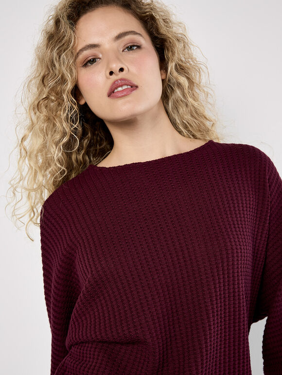 Waffle Knit Batwing Top, Burgundy, large