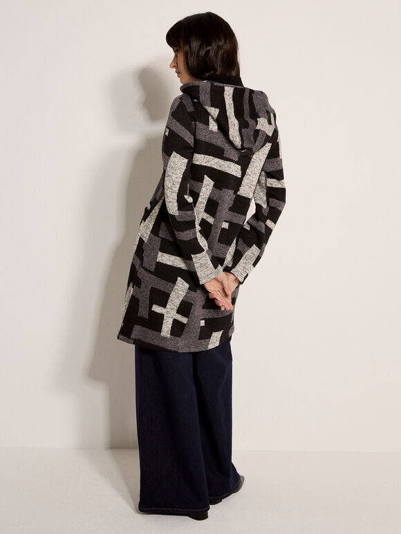 Geometric Knitted Zip-Down Cardigan, Dark Grey - Charcoal, large