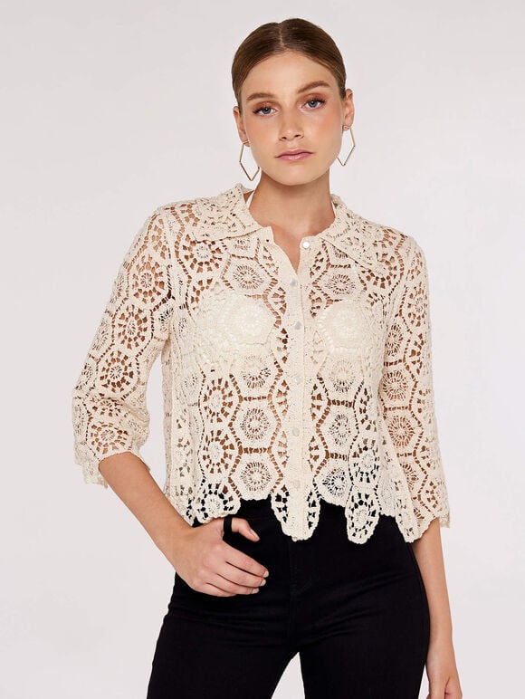 Crochet Geometric Shirt, Stone, large