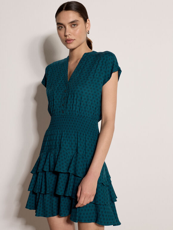Geo Print Ruffle Mini Dress, Teal, large