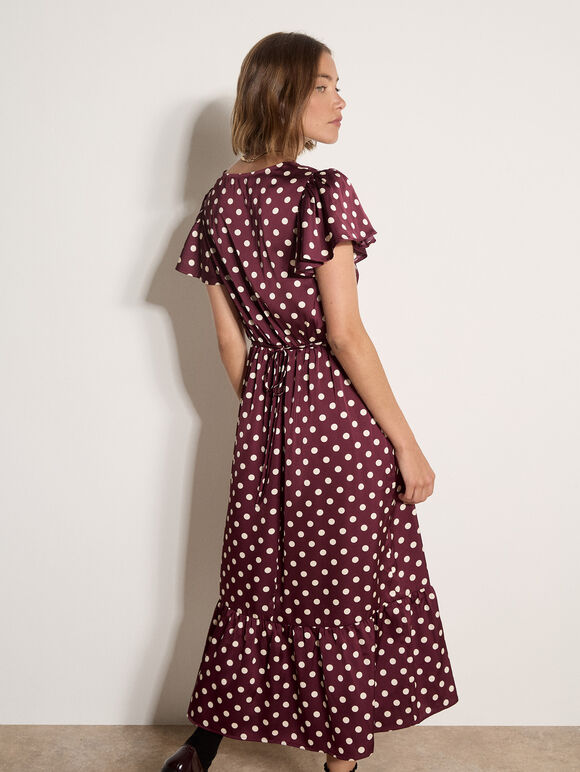 Polka Dot Satin Midi Dress, Plum, large