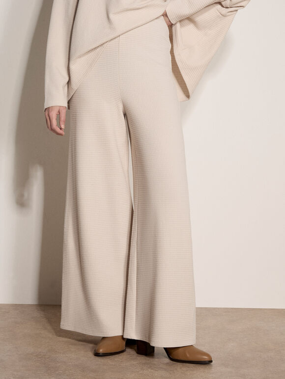 Waffle Jersey Knit Wide-Leg Joggers, Stone, large