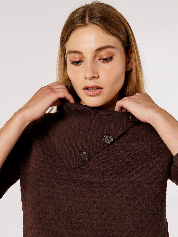 Button Neck Textured Jumper, Brown, large