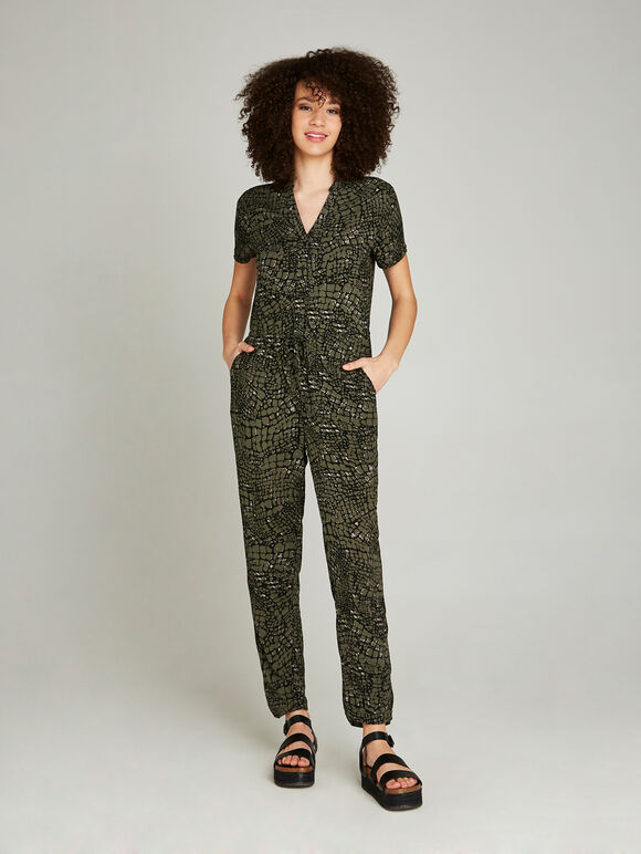 Khaki Animal Print Utility Jumpsuit, Khaki, large