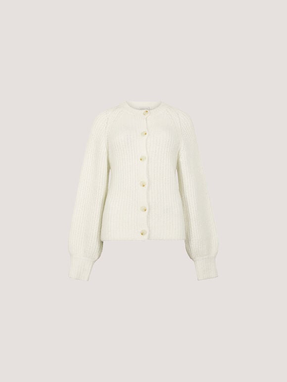 Cotton-Blend Chunky Ribbed Knit Cardigan, Cream, large