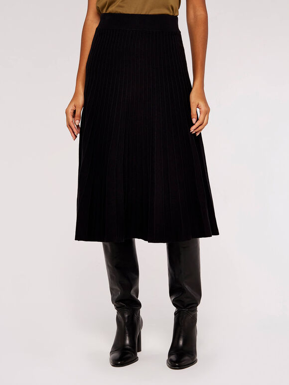 Pleated Stripe Midi Skirt, Black, large