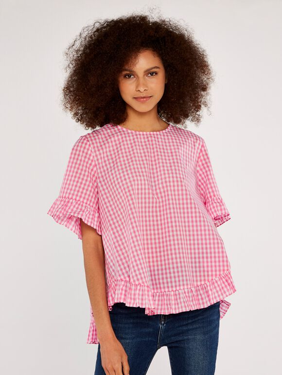 Gingham Ruffle Top, Pink, large