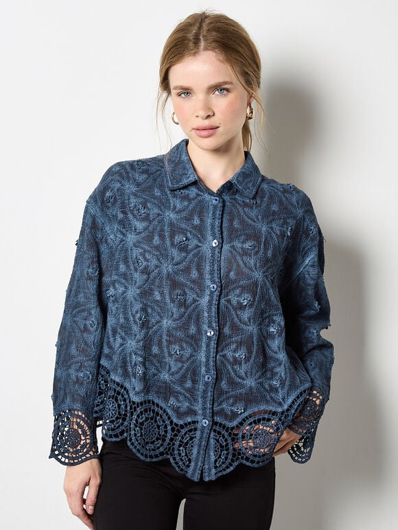 Textured Cotton Floral Crochet Blouse, Navy, large