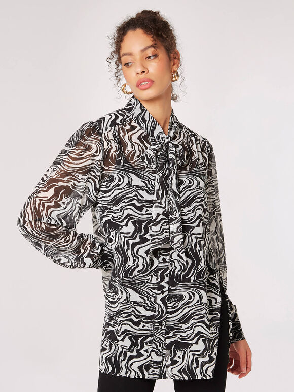 Painterly Marble Neck Tie Blouse, Black, large