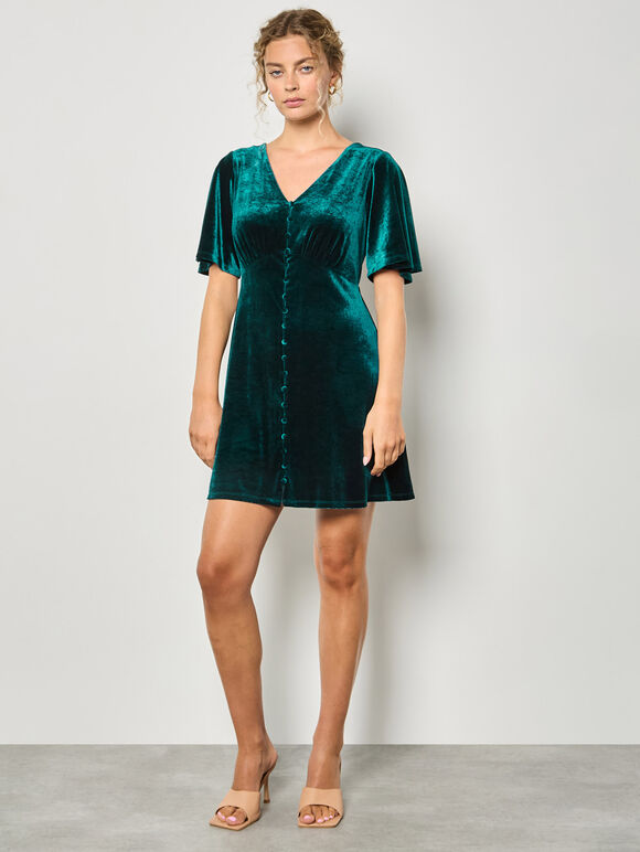 Velvet Button-Down Mini Dress, Green, large