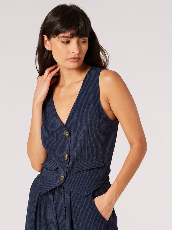 Textured Pinstripe Waistcoat, Navy, large