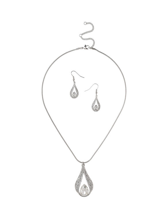 Diamante Tear Drop Necklace Set, Light Grey - Silver, large