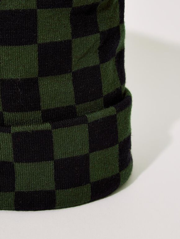 Checkered Beanie Hat, Green, large