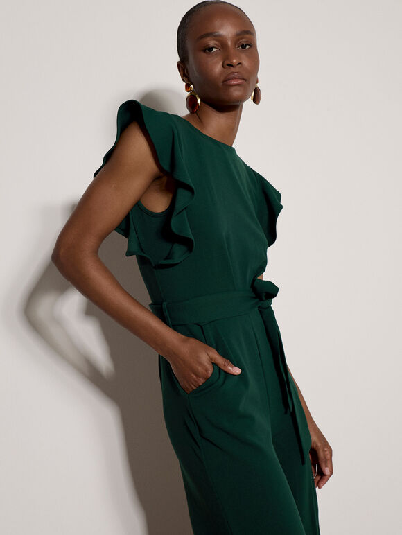 Ruffle Sleeve Jersey Jumpsuit, Pine Green, large