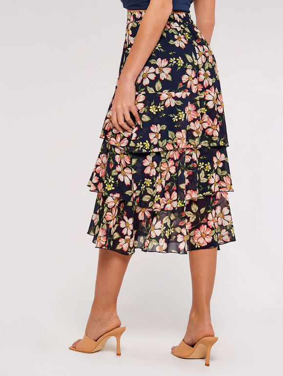 Floral Chiffon Midi Skirt, Navy, large