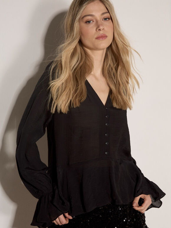 Textured Peplum Hem Blouse, Black, large
