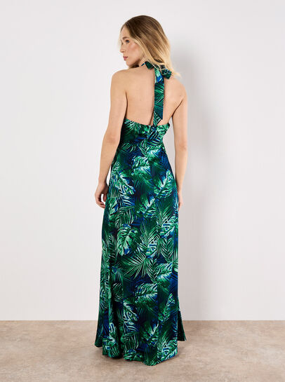 Tropical Leaf Satin Maxi Dress