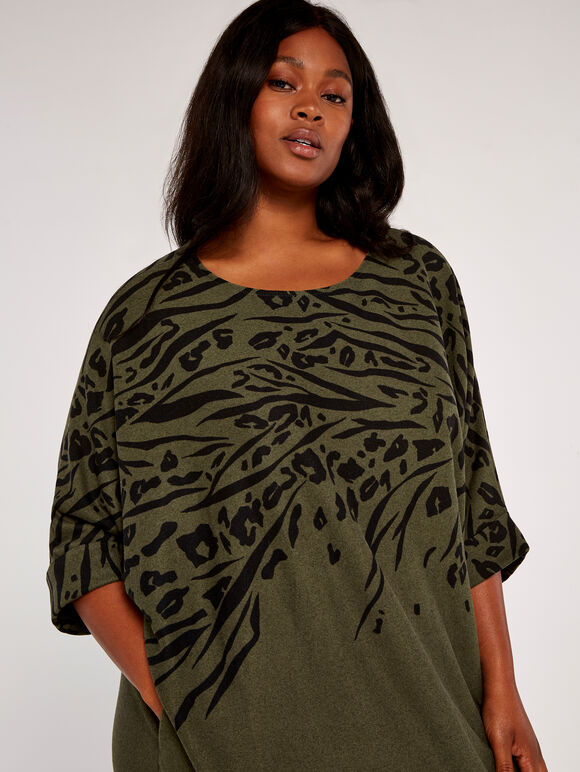 Curve Leopard & Zebra Cocoon Dress, Khaki, large