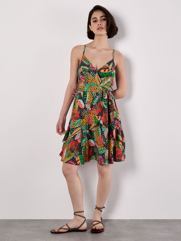 Tropical Print Tiered Cami Mini Dress, Navy, large