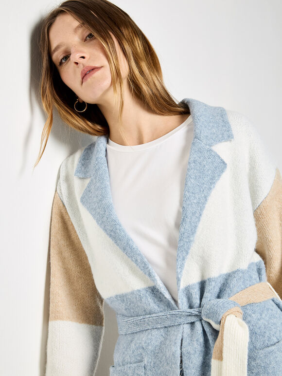 Colour Block Belted Coatigan, Stone, large