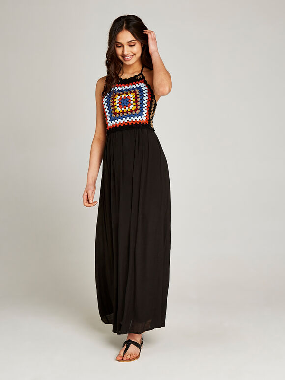 Black Crochet Shimmer Maxi Dress, Black, large