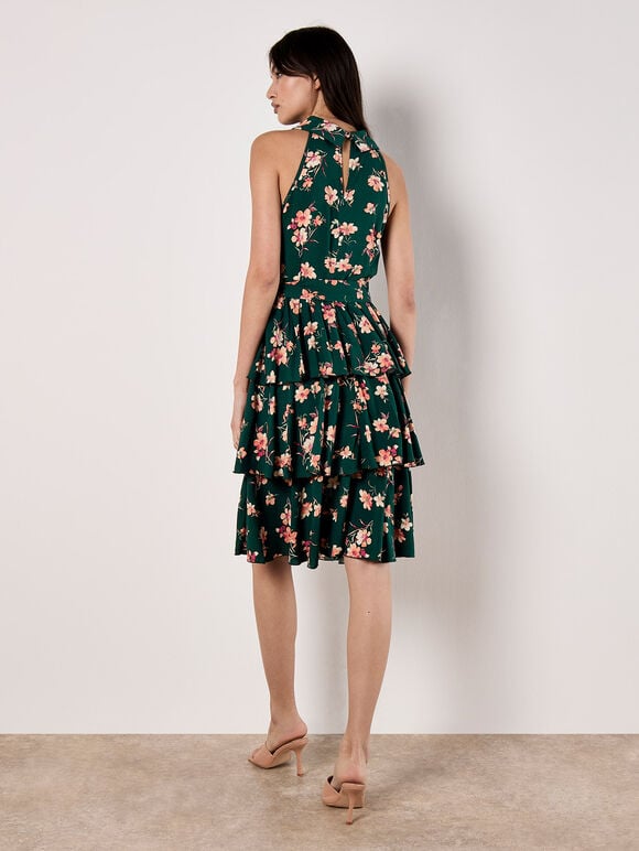 Halterneck Tiered Floral Mini Dress, Green, large