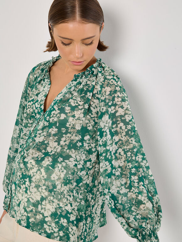 Blurred Floral Chiffon Blouse, Green, large
