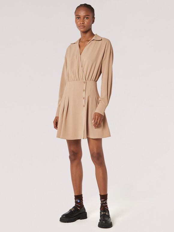 Wrap Shirt Mini Dress, Stone, large