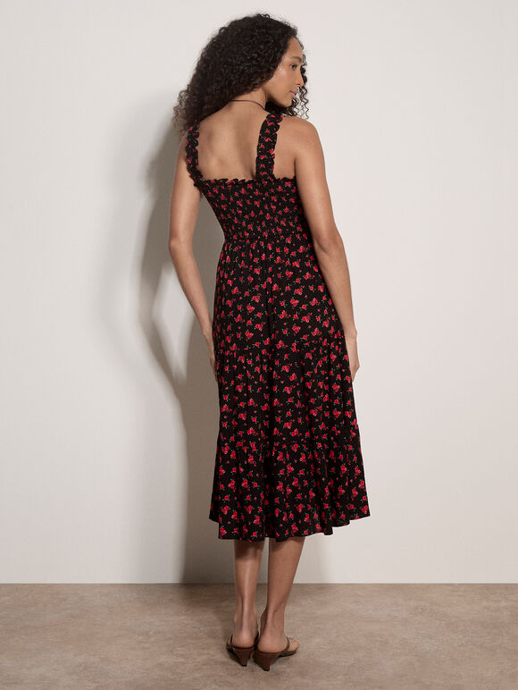 Ditsy Floral Smocked Midi Dress, Black, large