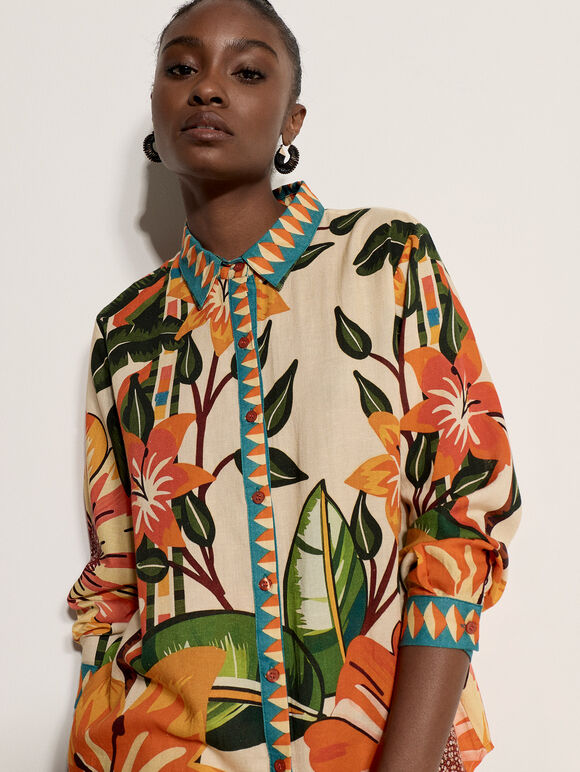 Tropical Floral Print Shirt, Stone, large