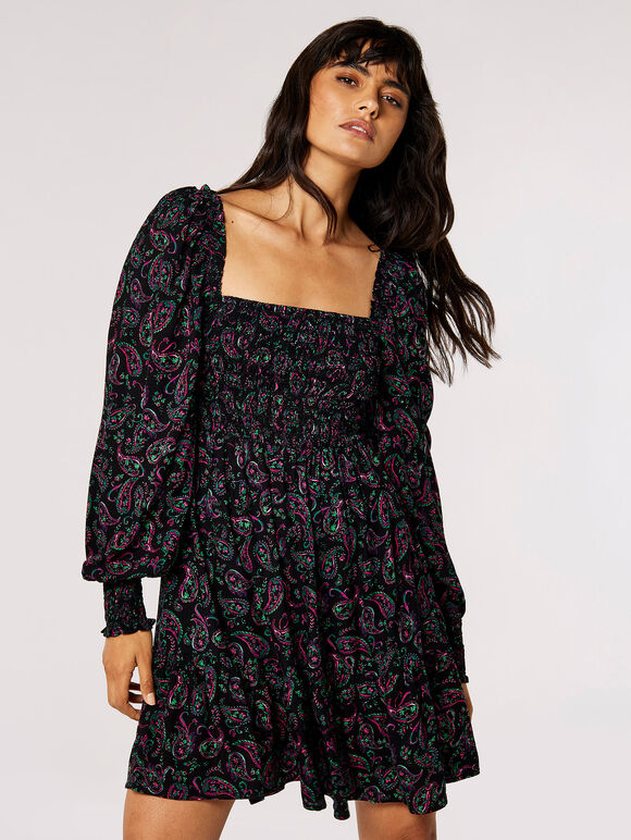 Paisley Milkmaid Mini Dress, Black, large