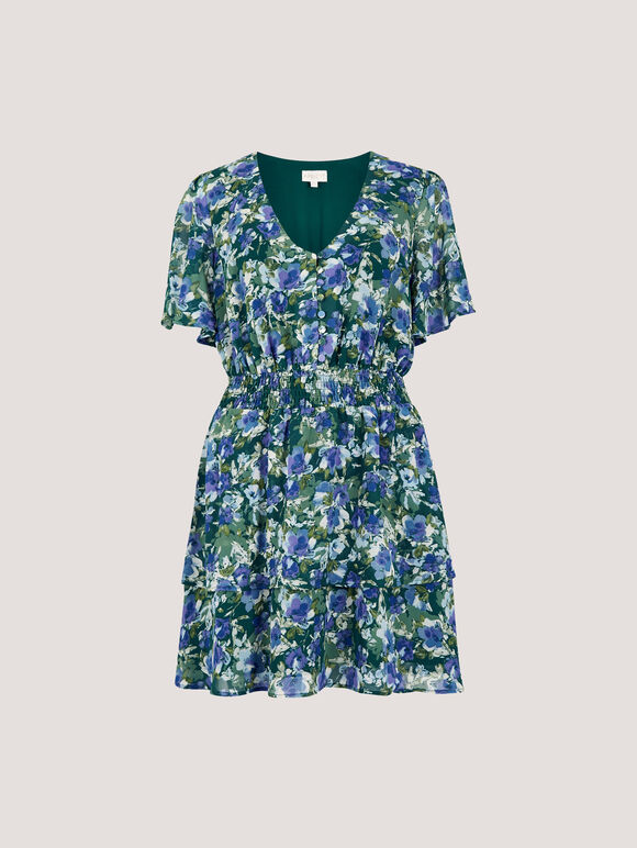 Watercolour Floral Chiffon Mini Dress, Green, large