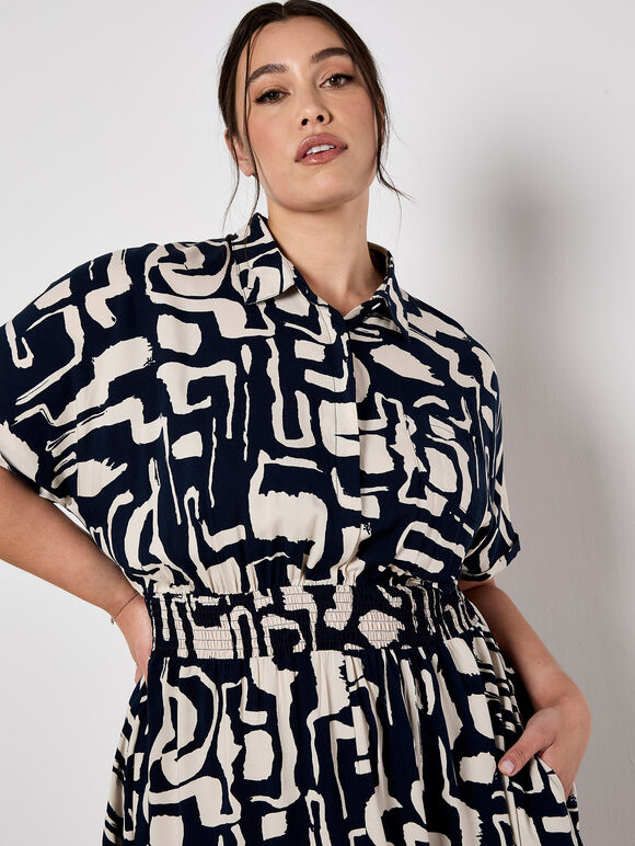 Geo Grecian Shirt Midi Dress, Navy, large