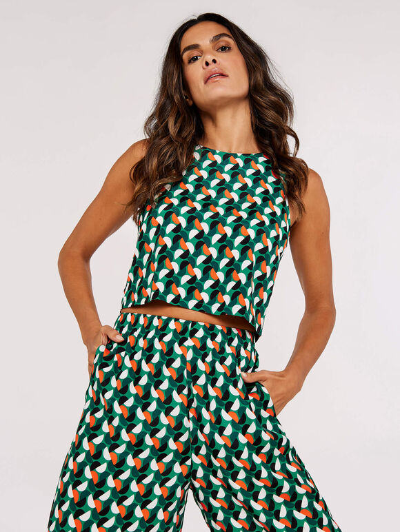 Printed Wide Leg Trousers, Green, large