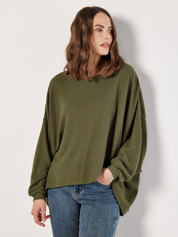 Soft-Touch Oversized Waffle Knit Top, Khaki, large