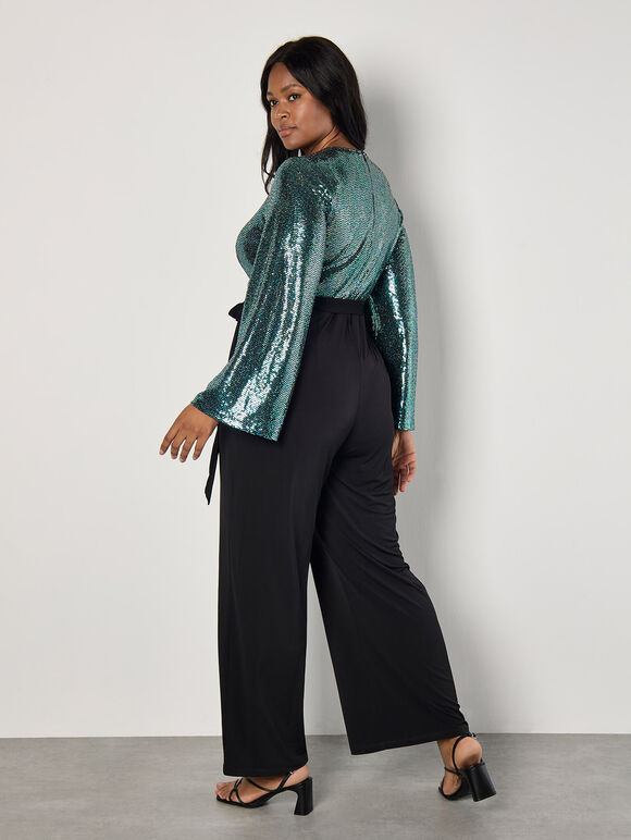 Curve Mirror Sequin Contrast Jumpsuit, Black, large