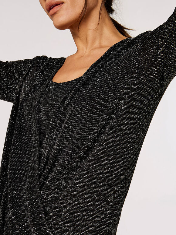 Metallic Sparkle Wrap Top, Black, large