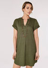 Linen Blend Relaxed Mini Dress, Khaki, large