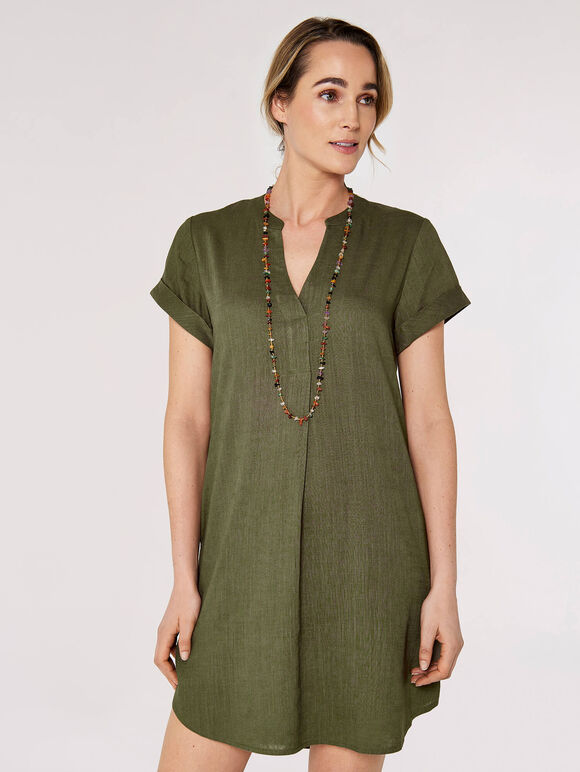 Linen Blend Relaxed Mini Dress, Khaki, large