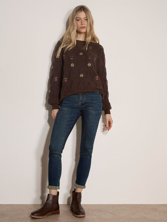 Pointelle Knit Floral Embroidered Jumper, Brown, large