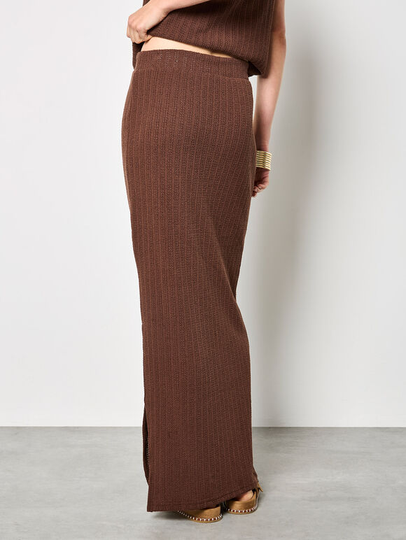 Pointelle Knit Column Maxi Skirt, Brown, large