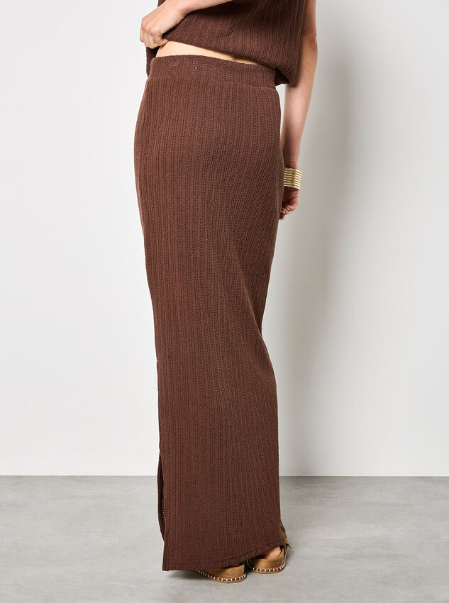 Pointelle Knit Column Maxi Skirt, Brown, large
