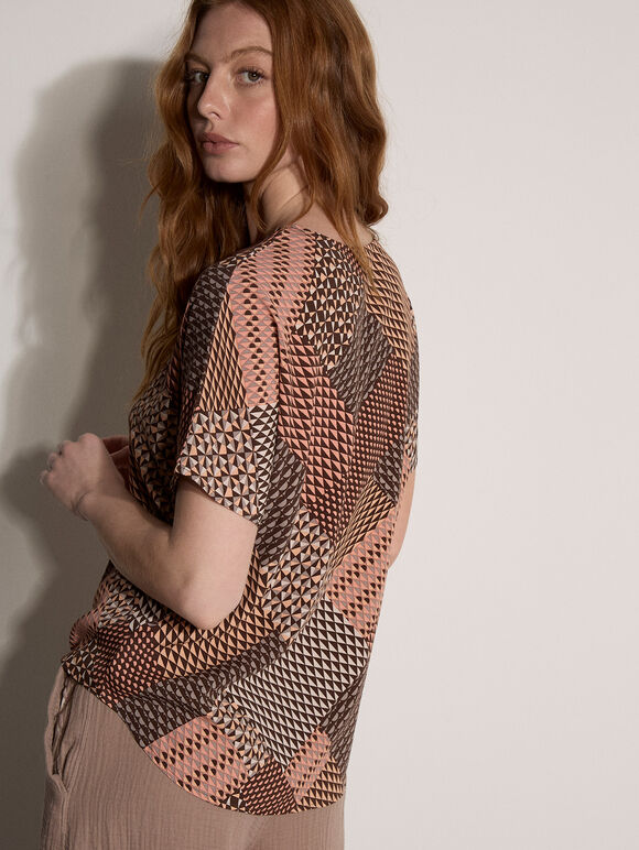 Geometric Patchwork Textured T-Shirt, Coral, large