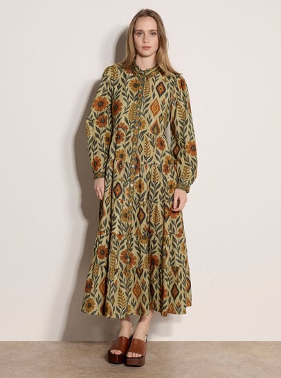 Floral Leaves Tiered Shirt Midi Dress