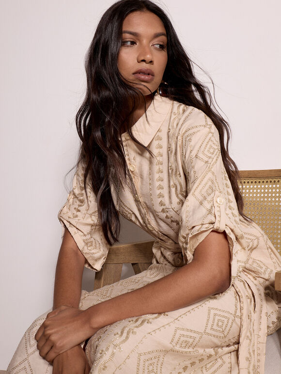 Geometric Shimmer Embroidered Shirt Midi Dress, Stone, large