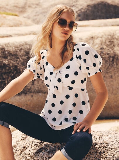 Polka Dot Tie Front Top