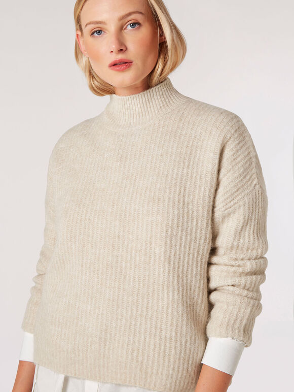 Chunky Knit Ribbed Jumper, Stone, large